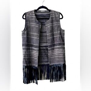 Noshua Made in Italy Black White Knit Fringe Vest Boho Western Small